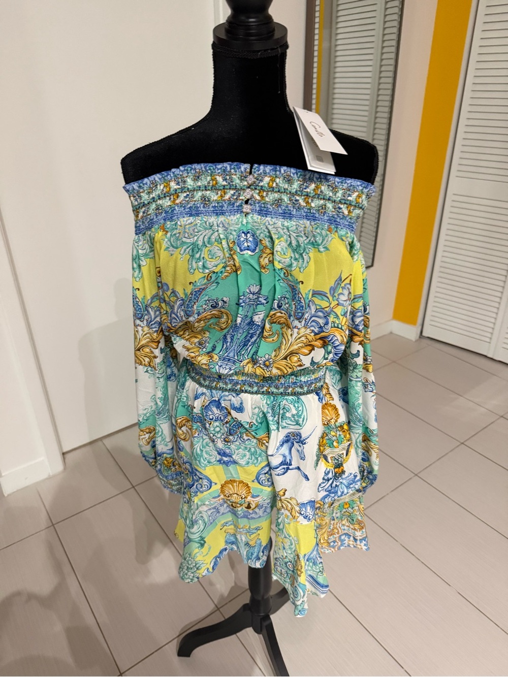 Camilia Baroque Print Strapless dress  in Yellow, Teal & White